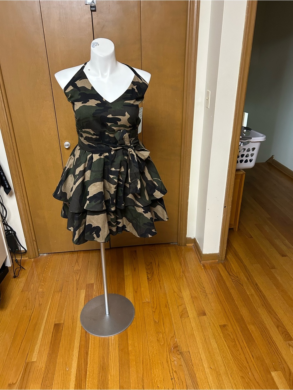 Camouflage Tiered Halter Midi Dress - Olive Green